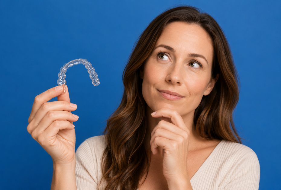 Woman holding clear aligners and considering teeth straightening treatment.
