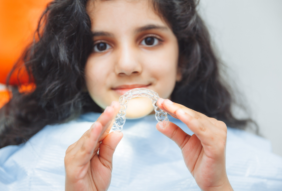 Teenage girl holding clear aligners for teeth straightening process.