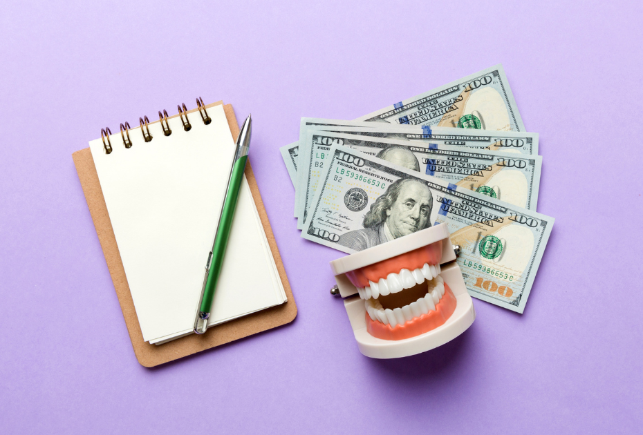 Affordable dental aligners cost planning with money, notepad, and teeth model on a purple background.