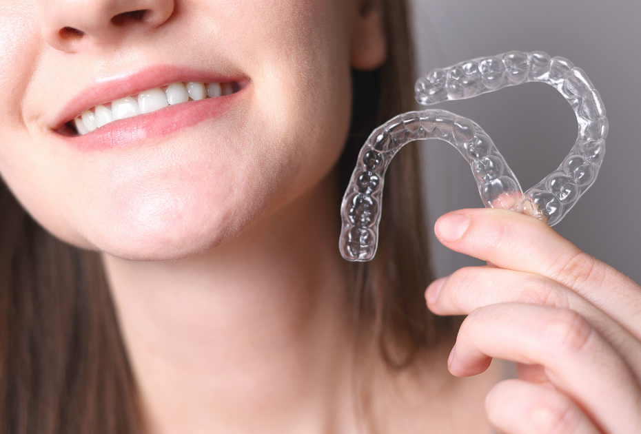 Woman holding a pair of clear aligners while considering teeth straightening treatment in the UK.