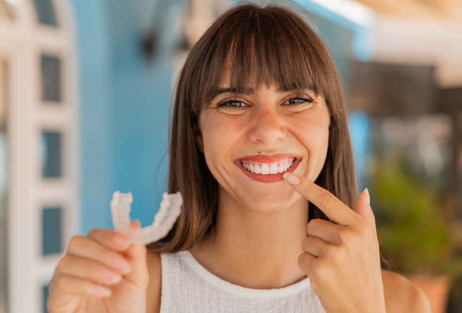 Smiling woman holding clear aligners and pointing at her teeth, showing oral health and smile improvement benefits in the UK.