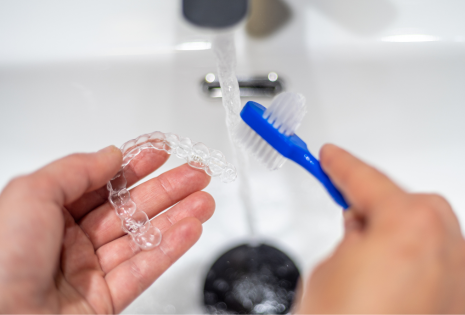 Person cleaning clear aligners with a soft toothbrush under running water in a bathroom sink
