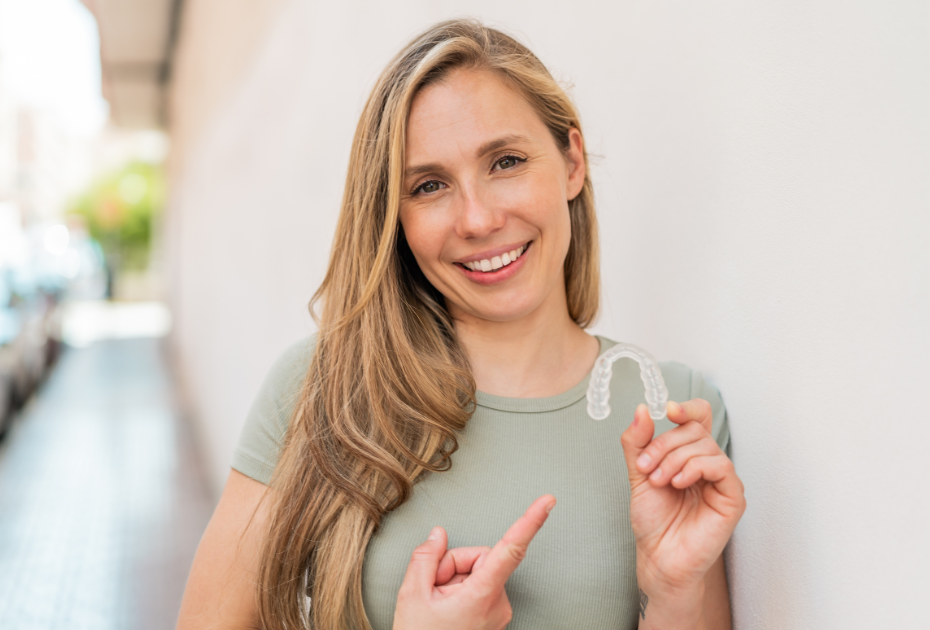Middle-aged woman holding clear aligners before starting teeth straightening treatment.