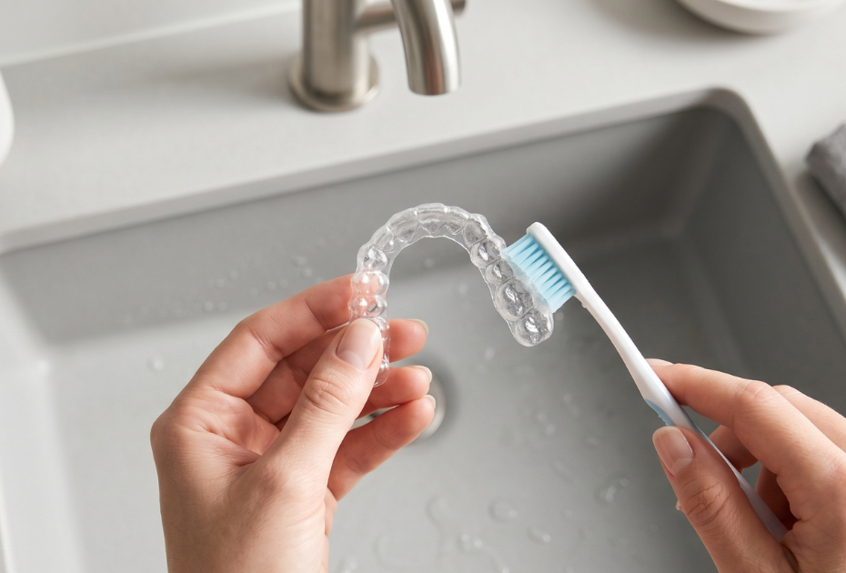 Person cleaning clear aligners with a toothbrush over a bathroom sink to maintain daily aligner hygiene and prevent stains or odour.