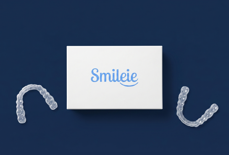 Smileie invisible braces banner showing a white Smileie box with clear aligners on a dark navy blue background in a bird’s-eye view.